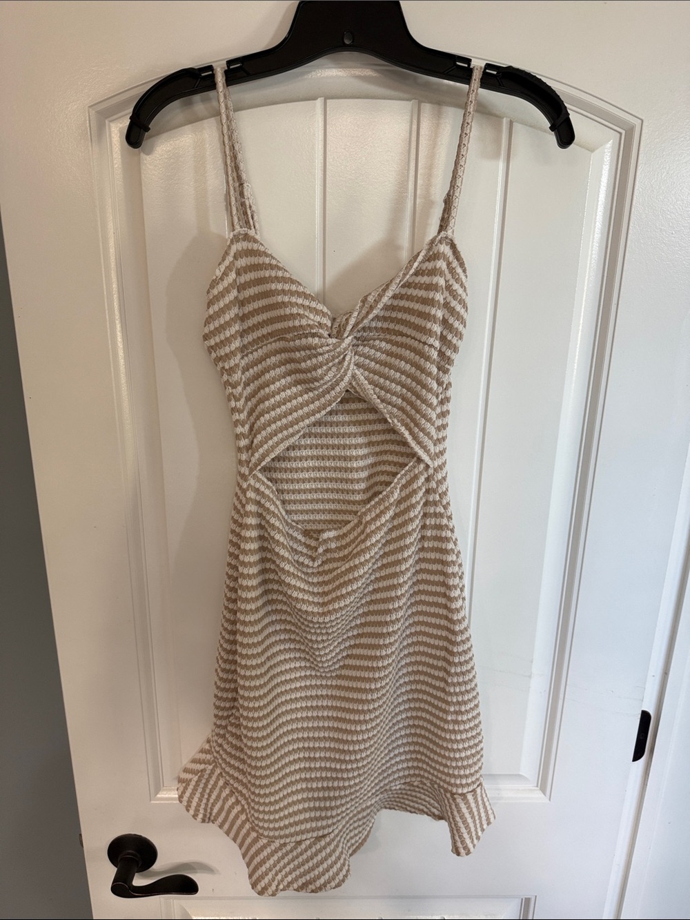 SHEIN- Swim coverup- Beige & White Striped Knit Cutout Sundress